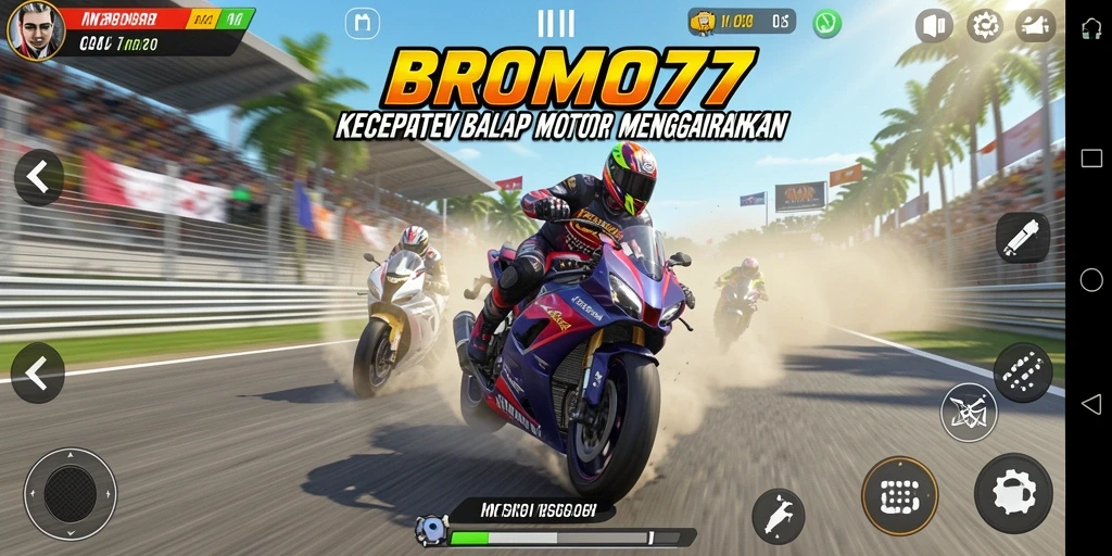 Screenshot gameplay BROMO77 menampilkan aksi balap motor yang mendebarkan.