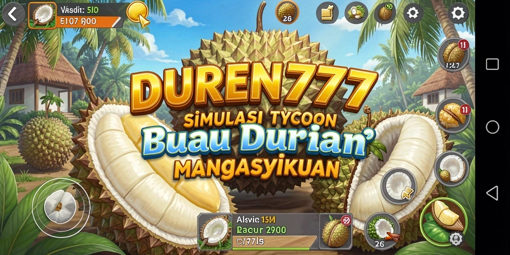 Screenshot gameplay DUREN777 menampilkan kebun durian yang indah dan aktif.