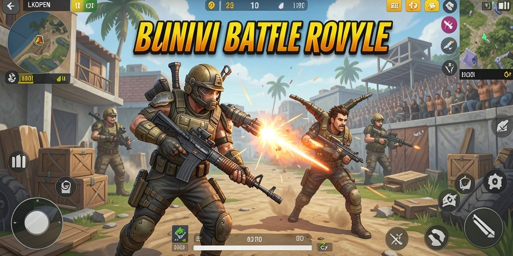Screenshot gameplay LKOPEN menampilkan aksi seru dalam pertempuran Battle Royale.