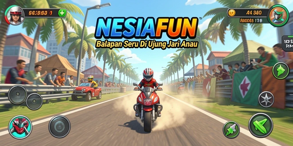 Tampilan gameplay utama NESIAFUN dengan balapan seru dan mobil yang beragam.