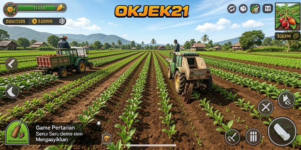 Tampilan gameplay OKJEK21 menampilkan ladang yang subur dengan berbagai tanaman yang menghijau.