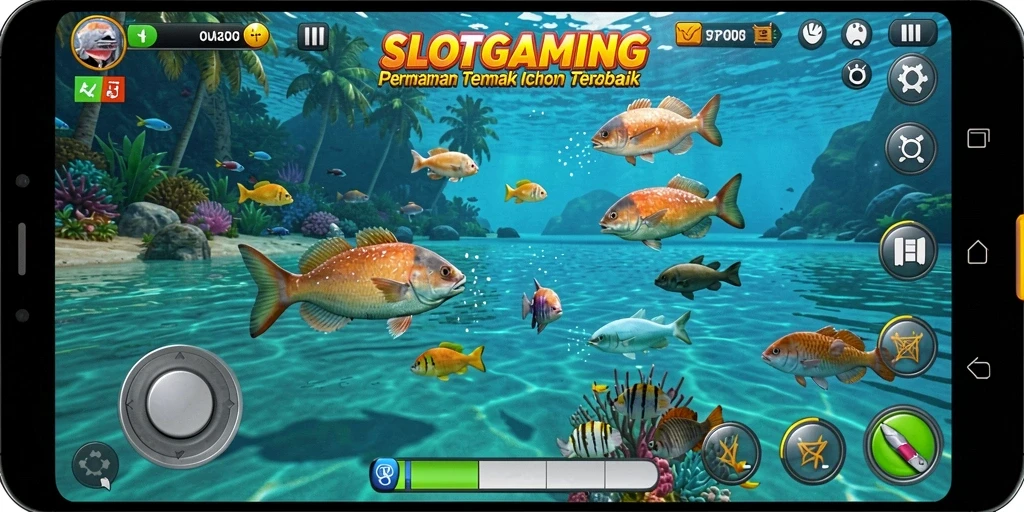 Tampilan gameplay seru dalam SLOTGAMING saat menembak ikan.