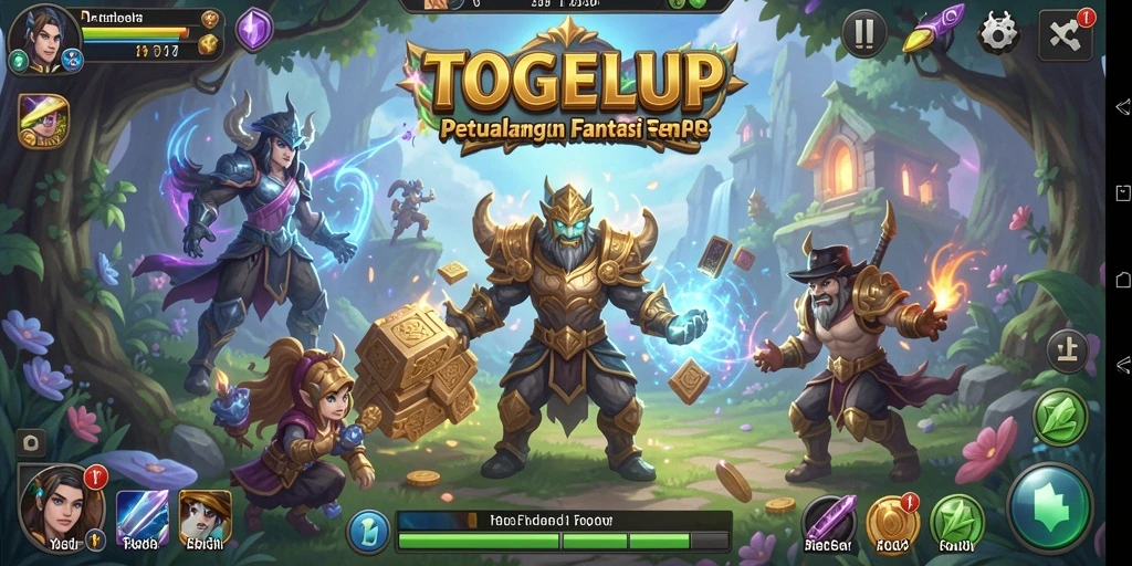 Tangkapan layar utama dari gameplay RPG menampilkan petualangan dan pertarungan hebat.
